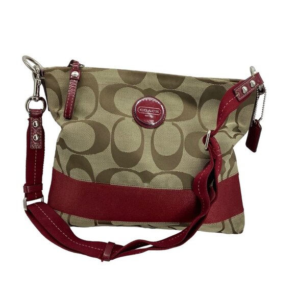 Coach Signature Stripe Monogram Canvas Crossbody Bag Purse 12"x10" Beige - Picture 1 of 11